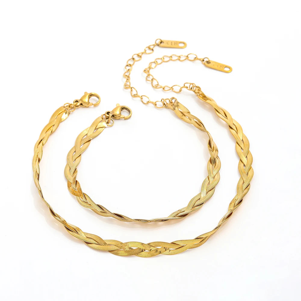 High End Women's 18k PVD Gold Plated Stainless Steel Snake Chain 3-Layer Knit Bracelet Anklet Set for Gift Wholesale Jewelry