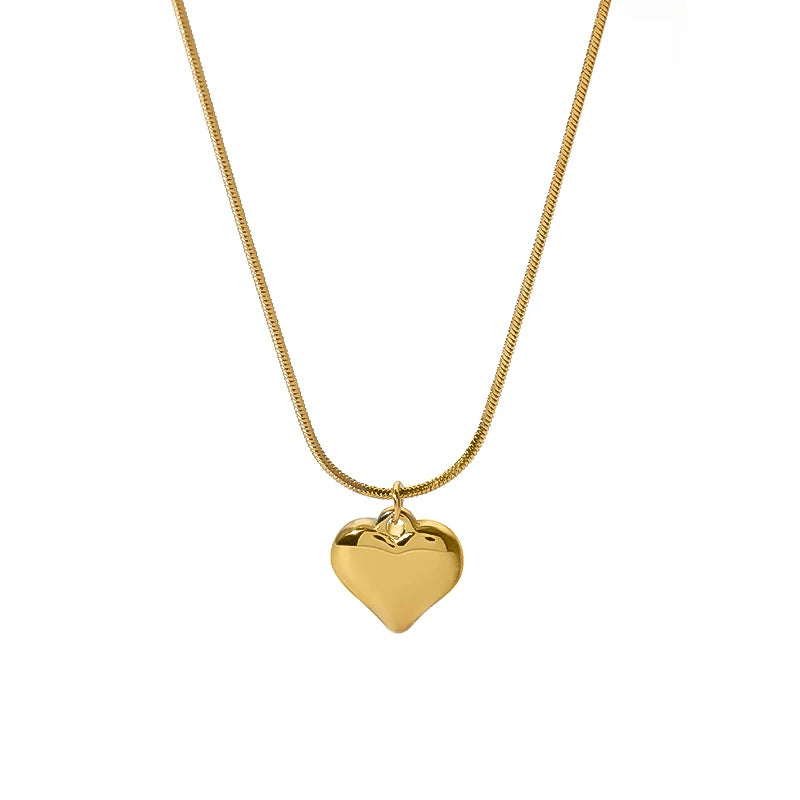 Classic Titanium Steel 18K Real Gold Plated Dainty Solid Heart Snake Chain Necklace for Ladies