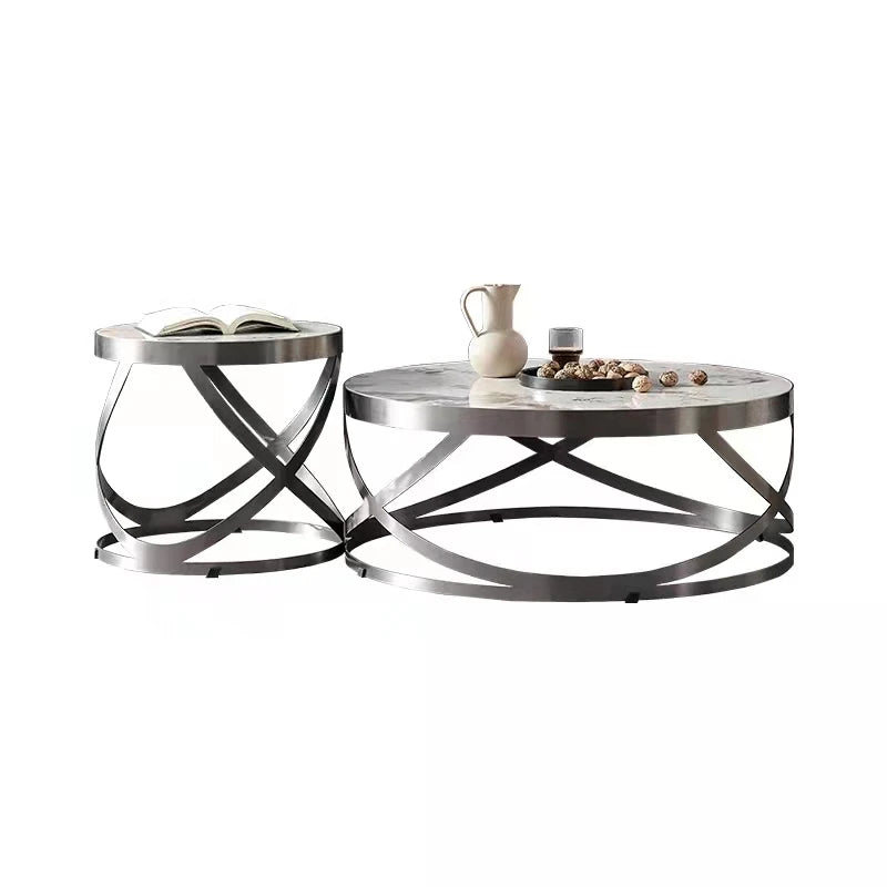 Luxury Living Room Furniture Sliver Stainless Steel Marble Coffee Table Set Center Smart Coffee Table for Home