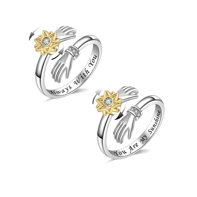 Sunflower CZ Anxiety Relief Spinner Fidget Hug Ring You Are My Sunshine Couple Spinning Rings for Girl