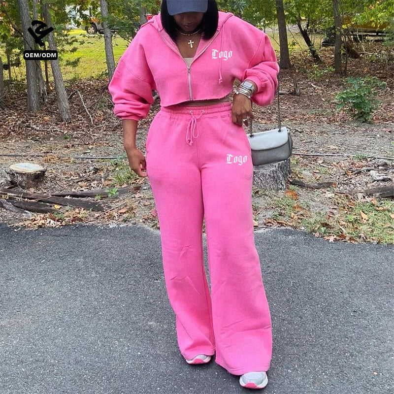 Y2k Trending Product Clothing High Quality 2 Piece Set Custom Two Piece Cropped Zip up Hoodie and Jogger Pants Set for Women