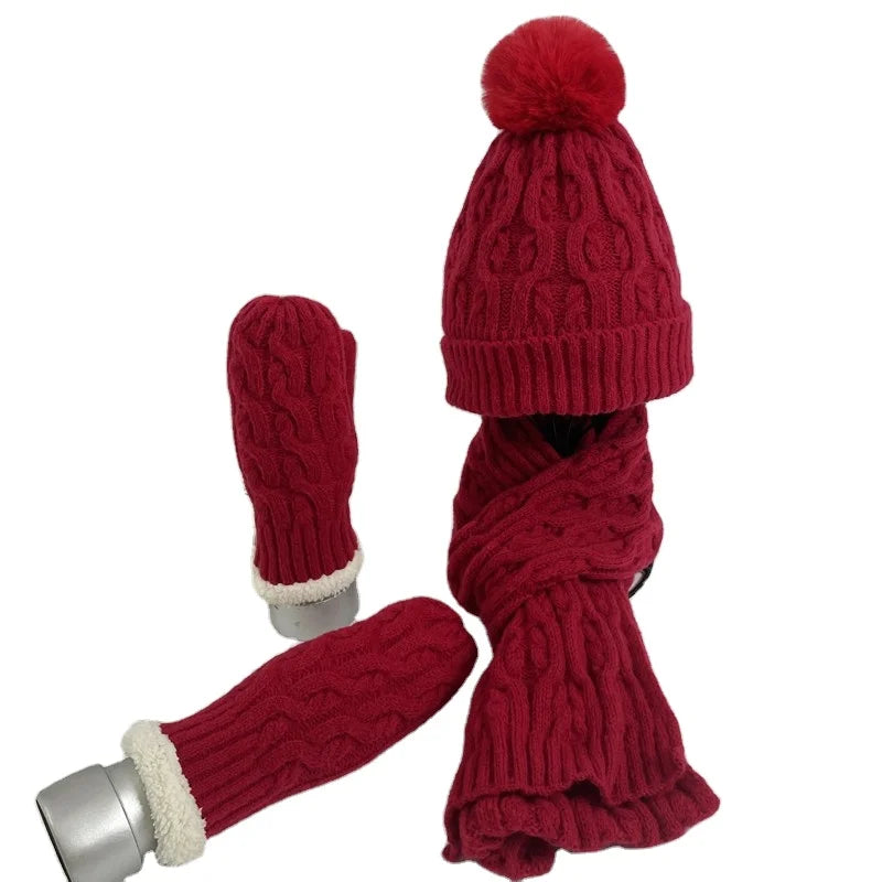 Ready to Ship 6 Colors Thickness Cable Knitted Beanie Hat Cap Winter Hat Set Woman Scarf and Glove Sets