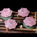 HY Natural Crystal Lotus Craft Hand Carved pink Rose Quartz Lotus with Green Aventurine Lotus Leaf a Set for Gift Home Decoration