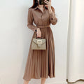 New Fashion Women Pleated Long Dresses Lapel Shirt Dress Long Sleeve French Elegant Solid Color Office Lady Casual Dress