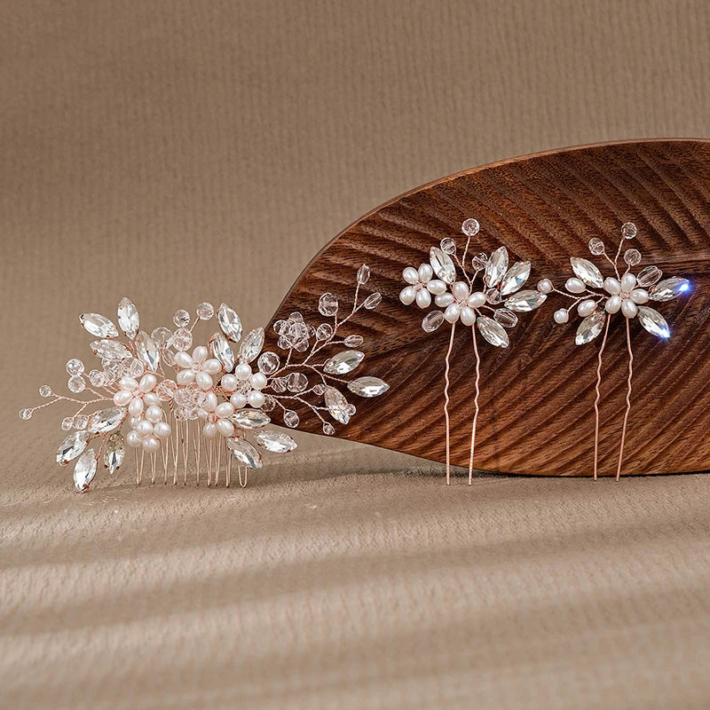 Alloy Flower Leaf Crystal Rhinestones Pearls Bridal Hair Comb Hair Pin Wedding Hair Accessories Women Jewelry