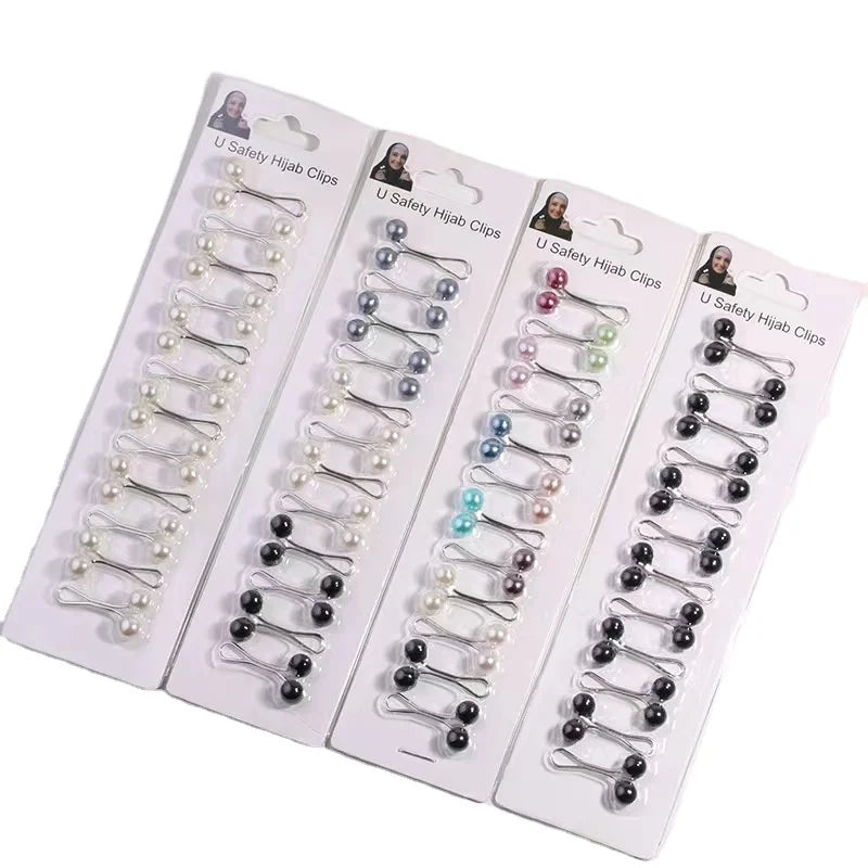 Colorful 12-Pin Brooch Set U-Shaped Scarf Clip and Pearl Safety Pins Hijab Muslim Accessories Fashion Jewelry in Alloy Gift