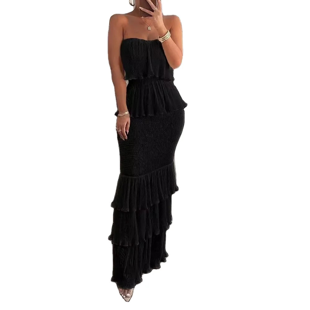Fashion Custom Lady Breathable Skinny Elastic Ruffle Maxi Dress  Layered Cake  Maxi Dress Ruff Asymmetrical Sample Customization