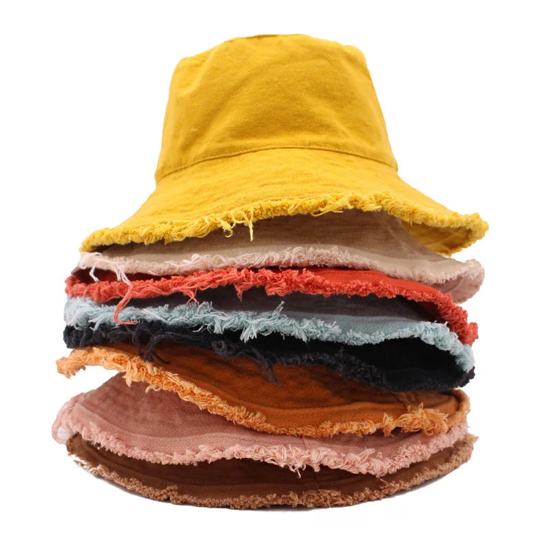 Raw Hem Sun Hat for Women Monochrome Wide Brim Hat Summer Travel Distressed  Packable Cotton Bucket Hat