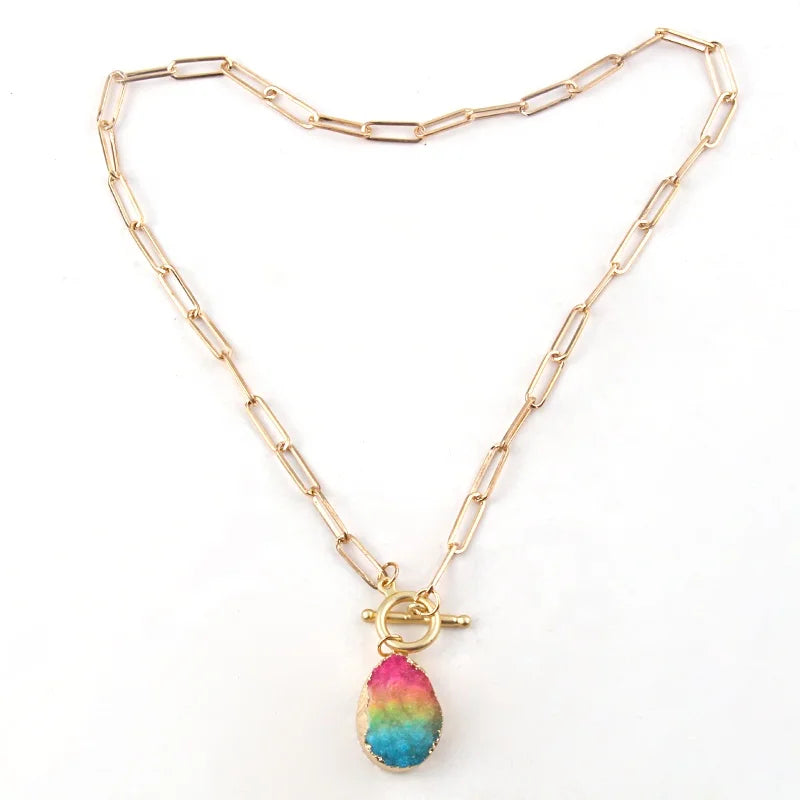 Fashion Collar Statement Hip Hop Chunky Freshwater Pearl Paper Clip Chain Choker Necklace Multicolor Rainbow Druzy Necklace