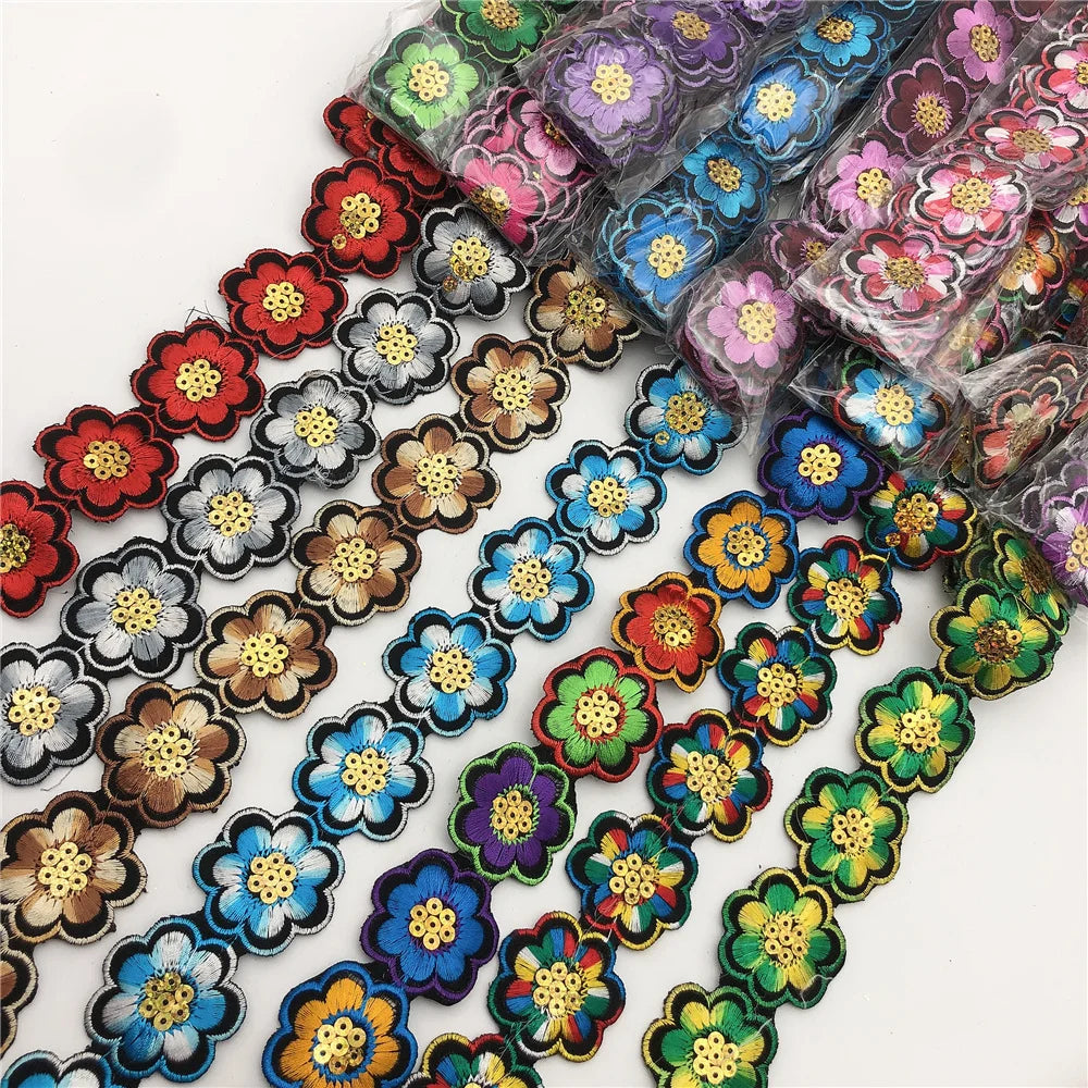 Iron on Flower  Sequins Lace Ribbon African Embroidered Flower Trim Tape  Fabric Diy Clothes 17color in Stock
