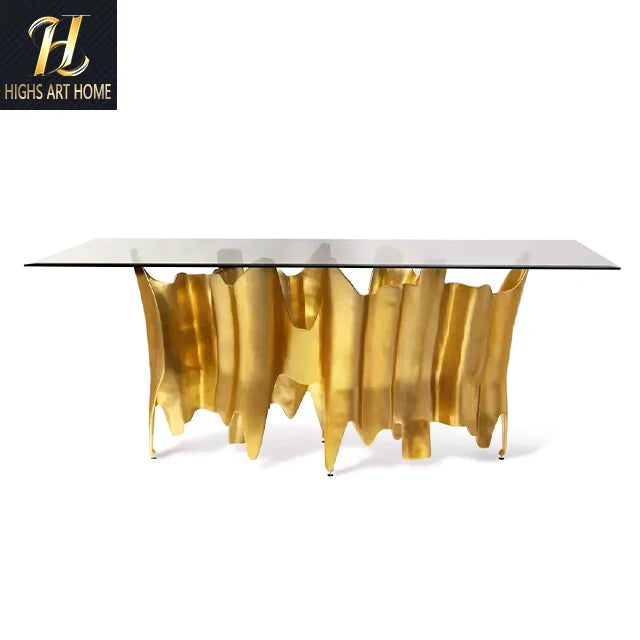 Purely Handmade Italy High End Restaurant Furniture Modern Art Design Table a Manger Rectangle Tempered Glass Gold Dining Table