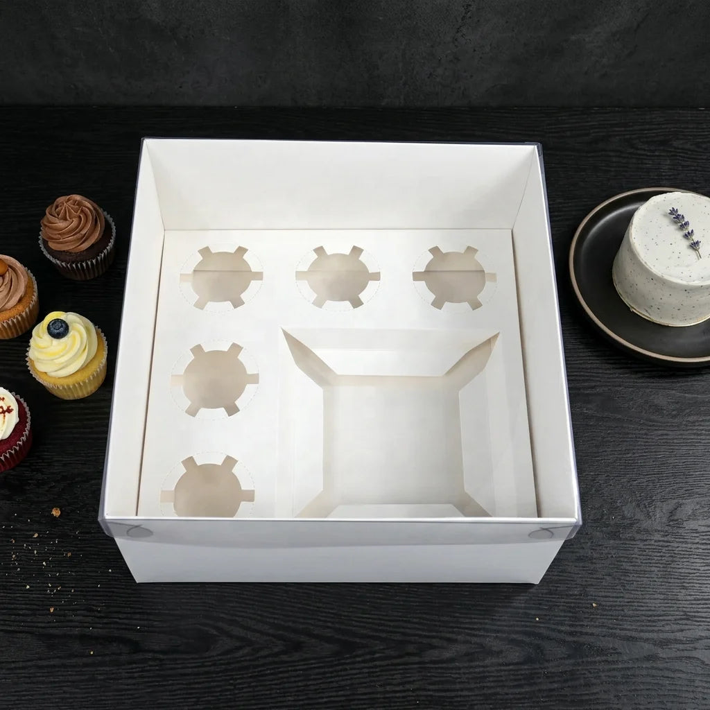 XJH 5 Hole Cupcake Pastry Bakery Packaging Paper Cake Donuts Gift Windows Clear Lid Cupcake Food Donuts Bento Cupcake Boxes
