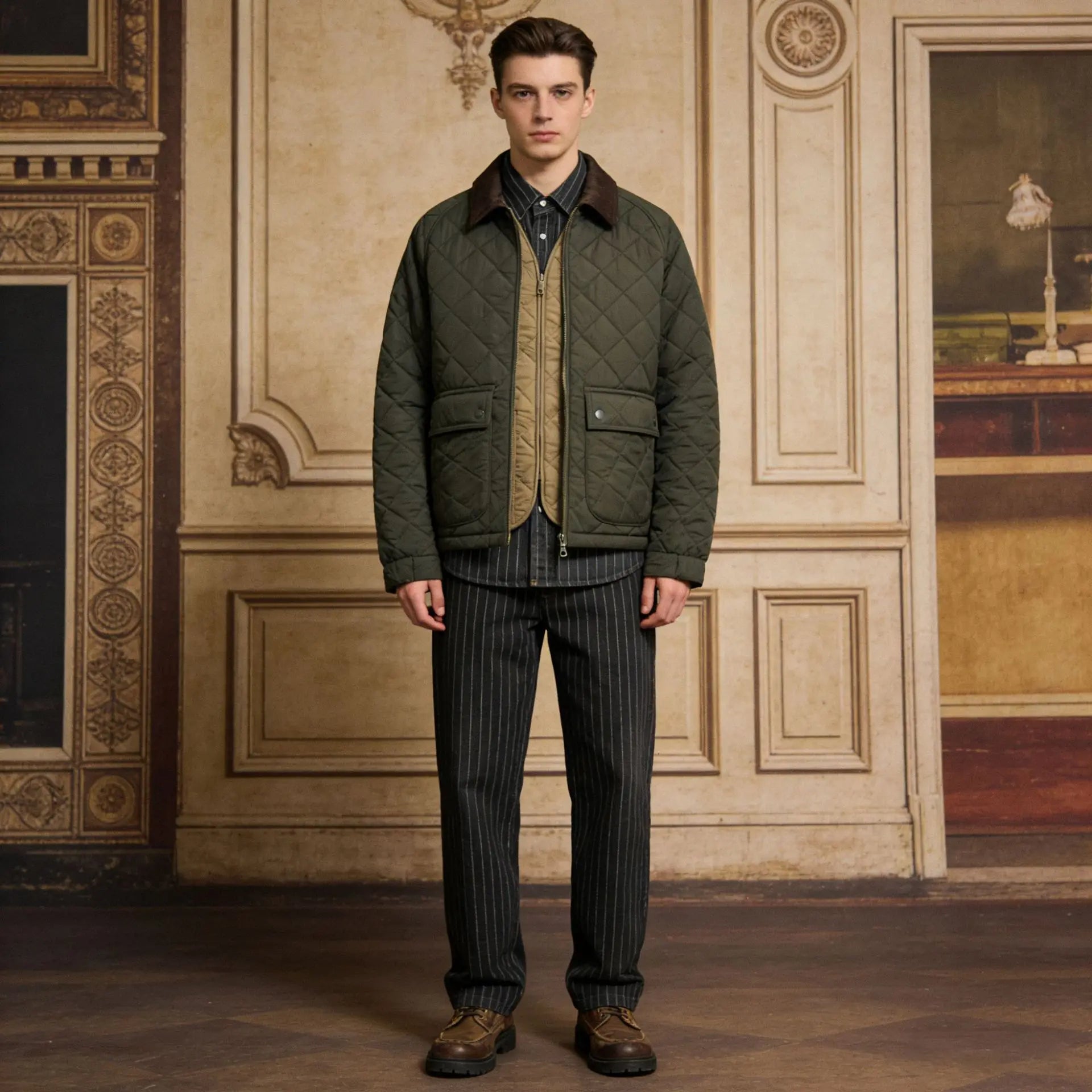 Men's Vintage Diamond Quilted Jacket with Corduroy Collar Winter Cotton Padded Casual Coat with Pockets
