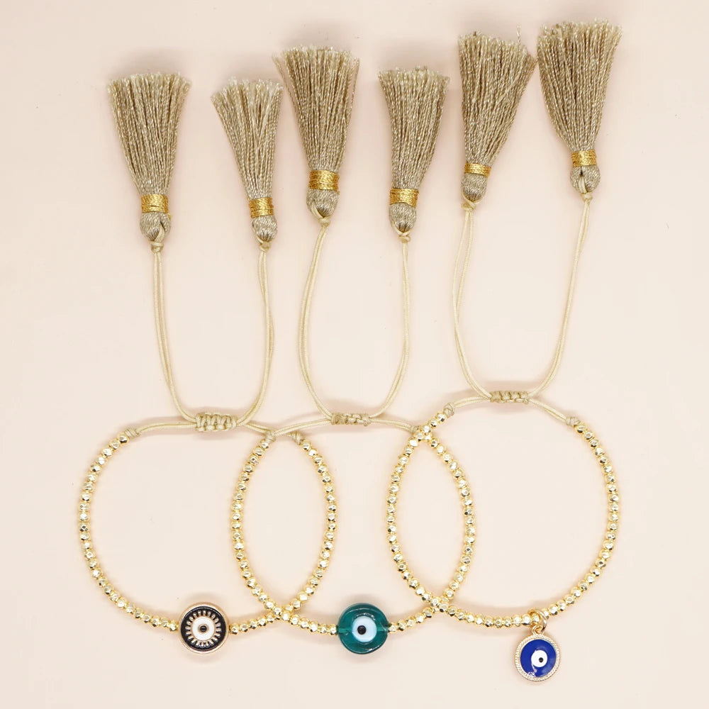 Go2Boho Turkish Evil Eyes Beads Lucky Bracelets for Women Men Handmade Jewelry Gift Gold Color Beaded Tassel Bangle Bracelet