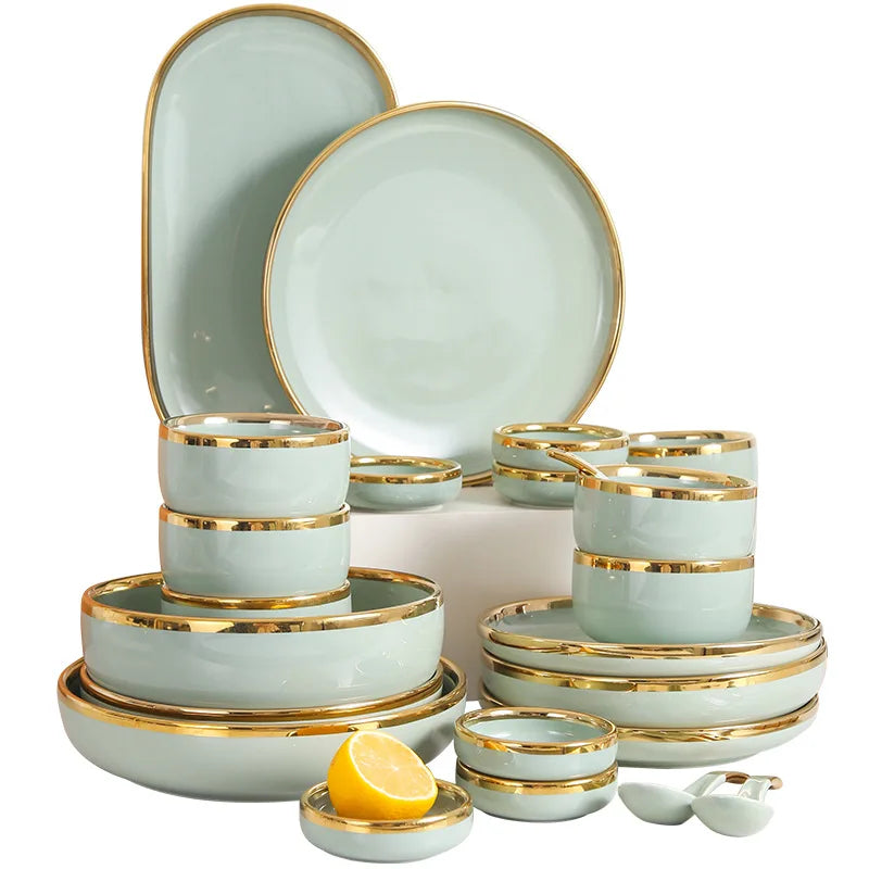 Western Style Black with Golden Rim Plate Bowl Dishes Spoon Green Ceramic  Tableware Set