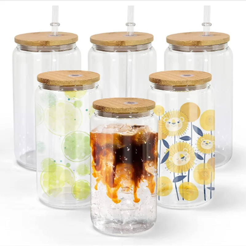 16 oz Sublimation Glass Blank Bamboo Lid Clear Mason Jar Cup Plastic Straw Iced Coffee Juice Drink Cup Botella Sublimable