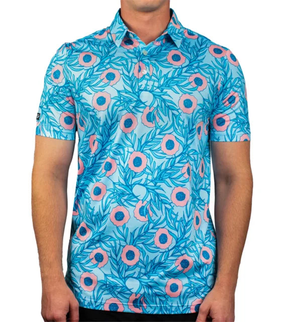 OEM Funky Green Men's Golf Shirts 100% Cotton Sublimation Printed Floral Eco-Friendly Anti-UV Breathable Casual Summer Polo