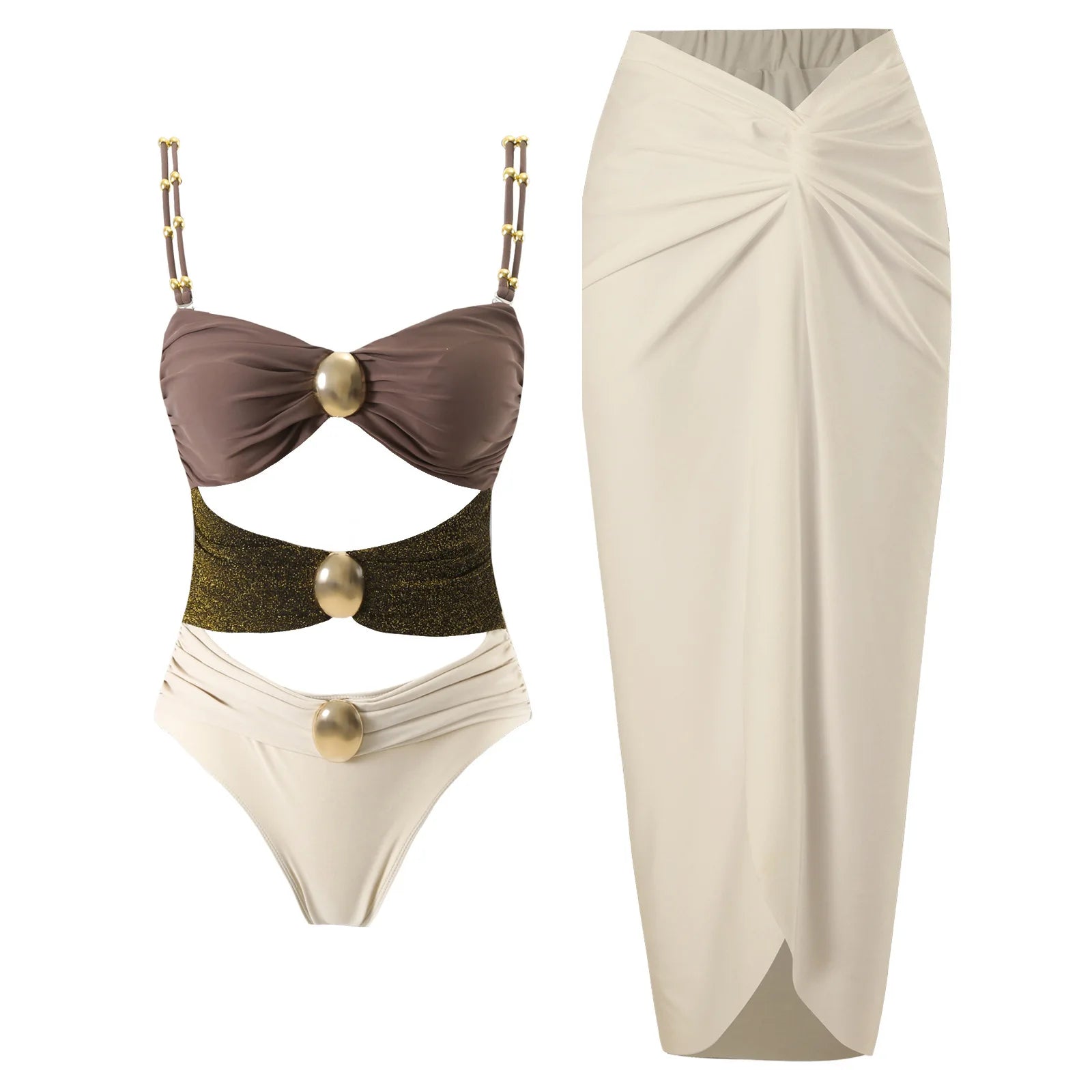 2025 European American Women's 2 Piece Set Handmade Spandex/Polyester Swimsuit High Waist Bandeau Slim Long Skirt Colorblock