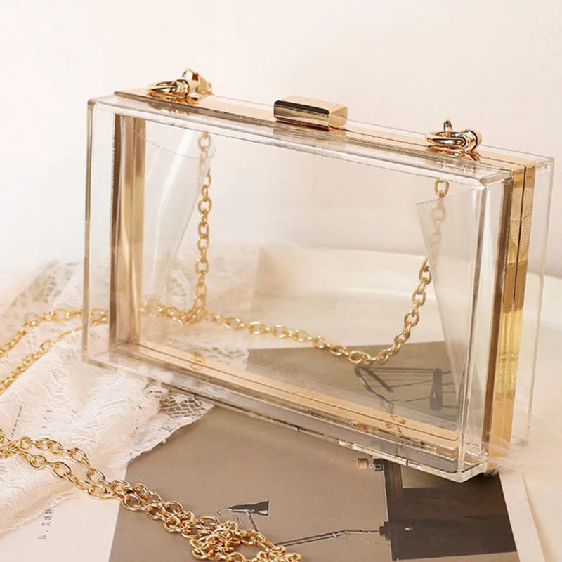 Ladies' Transparent Boxed Crossbody Bag Stylish Detachable Gold Chain Strap Shoulder Bag Acrylic Metal Dinner Clutch Purse