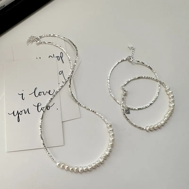 100% Real 925 Sterling Silver  Vintage Freshwater Pearl Geometric Beads Beaded Necklaces & Bracelets for Women
