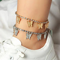 Hotsale Cute Crystal Rhinestone Butterfly Charms Tennis Anklet Boho Beach Layered Chain Butterfly Anklet Foot Jewelry for Girls