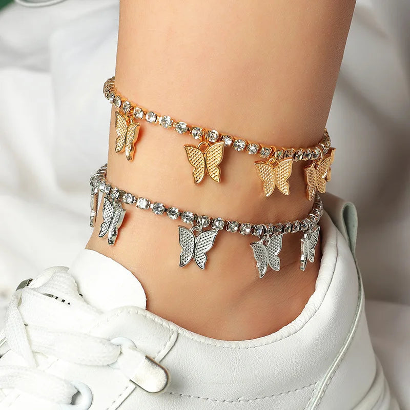 Hotsale Cute Crystal Rhinestone Butterfly Charms Tennis Anklet Boho Beach Layered Chain Butterfly Anklet Foot Jewelry for Girls