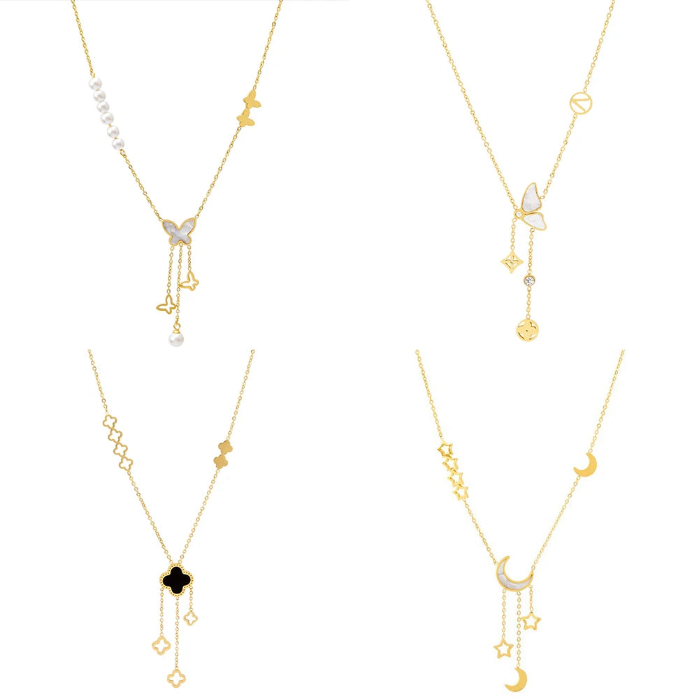 Korean Version of White Shell Butterfly Pearl Necklaces Titanium Steel Hollow Long Tassel Pendant Necklace for Women