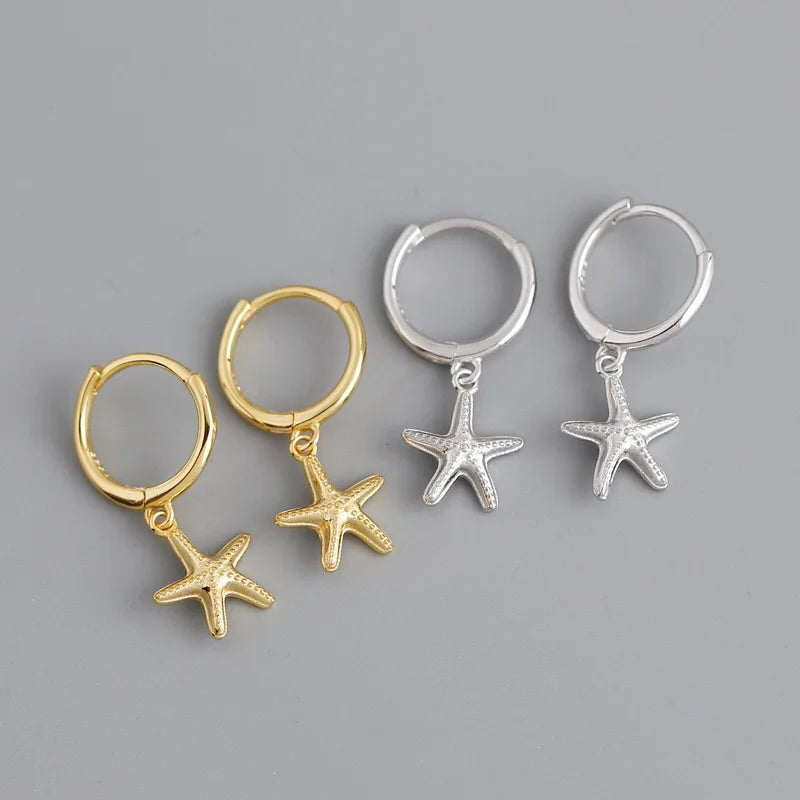 INS 925 Sterling Silver Single Sea Star Starfish Earrings Summer Beach Hoop Earrings for Women Gold Statement Earrings