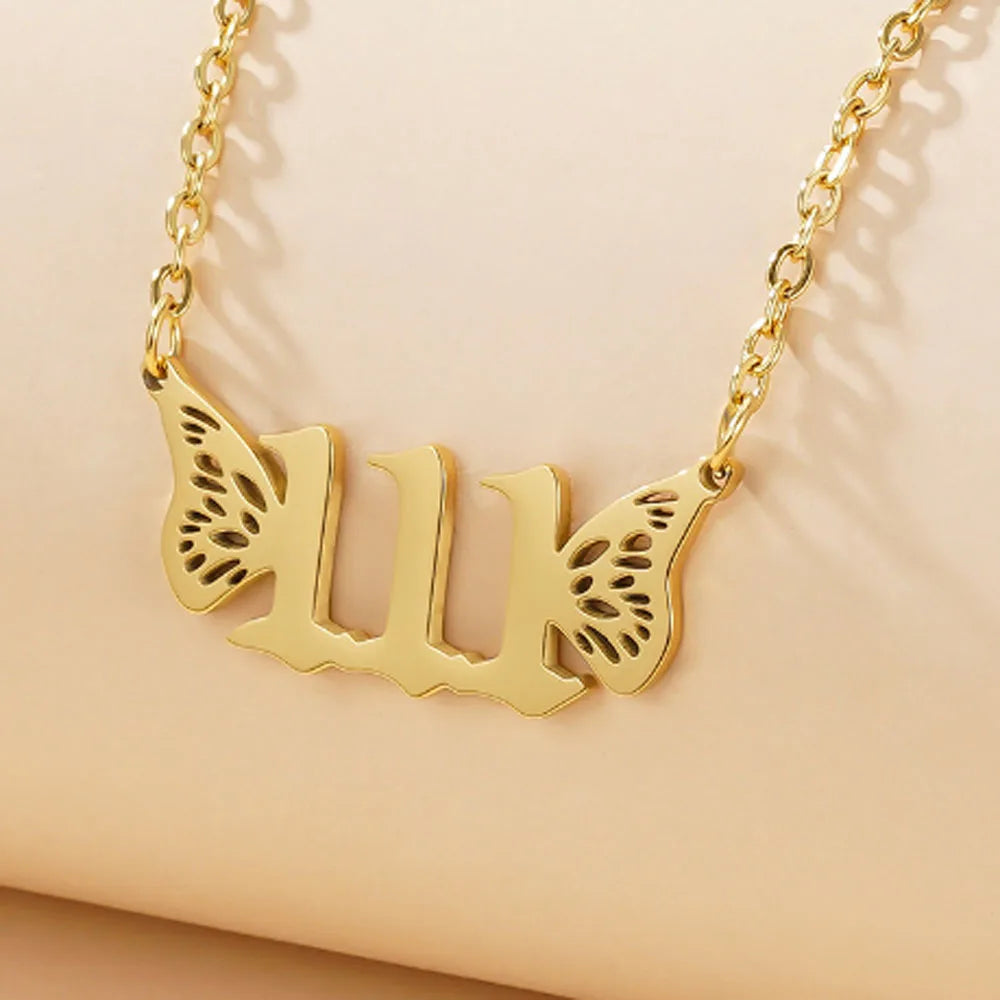000 111 222 333 444 555 666 777 888 999 Angel Number Wing Pendant Chain Necklace 18k Gold Plated Stainless Steel Material Women