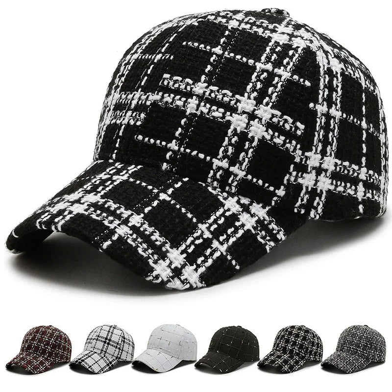 Autumn and Winter Female Black and White Check Tweed Cap 6 Panel Hat Fashion Women Hat Lady Sports Caps  Baseball Cap