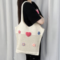 Custom Minimalist Style Handmade Flowers Heart Hollow Mesh Knitted Crochet Portable Beach Tote Shopping Bags Summer
