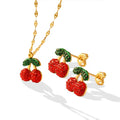 New Design Cute Cherry Pendant Stainless Steel Zircon 18K Gold Plated Ladies Sublimation Necklace Hoop Earrings Jewelry Set