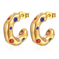 Chic 18K PVD Gold Plated Stainless Steel C Shape Hoop Earrings Non Tarnish Jewelry Colorful Zirconia Party Earrings