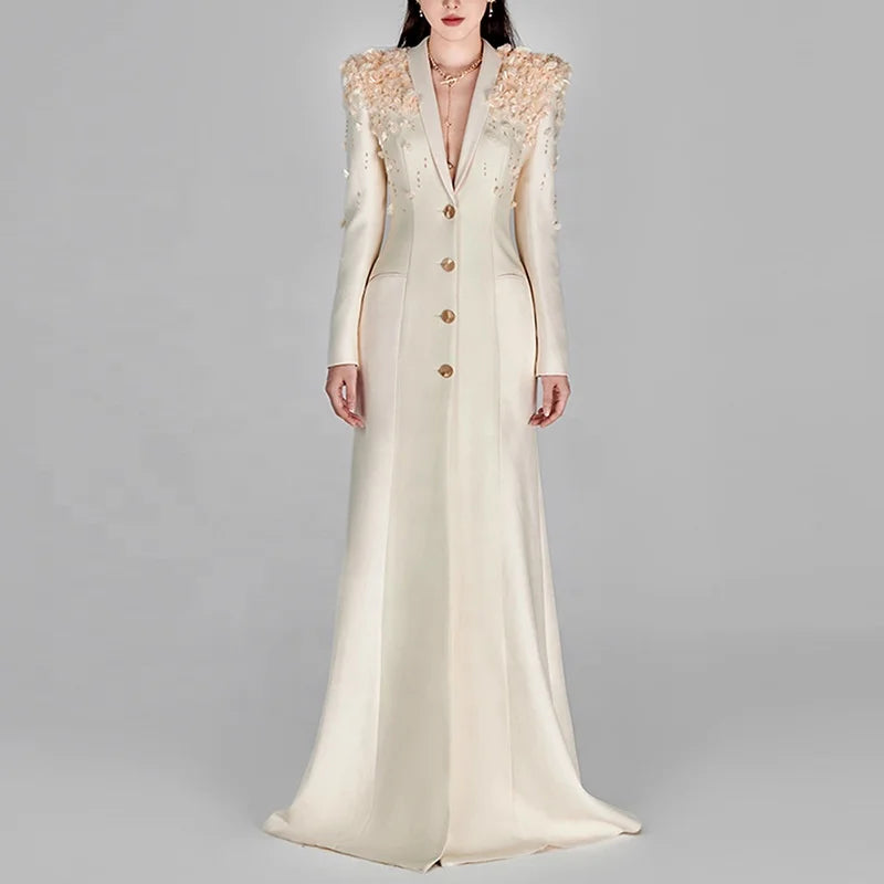 Luxury Clothing Women Lady Long Sleeve Elegant Heavy Beaded 3D Flower Dress Robe De Soir��e Womens Modest Formal Evening Dresses