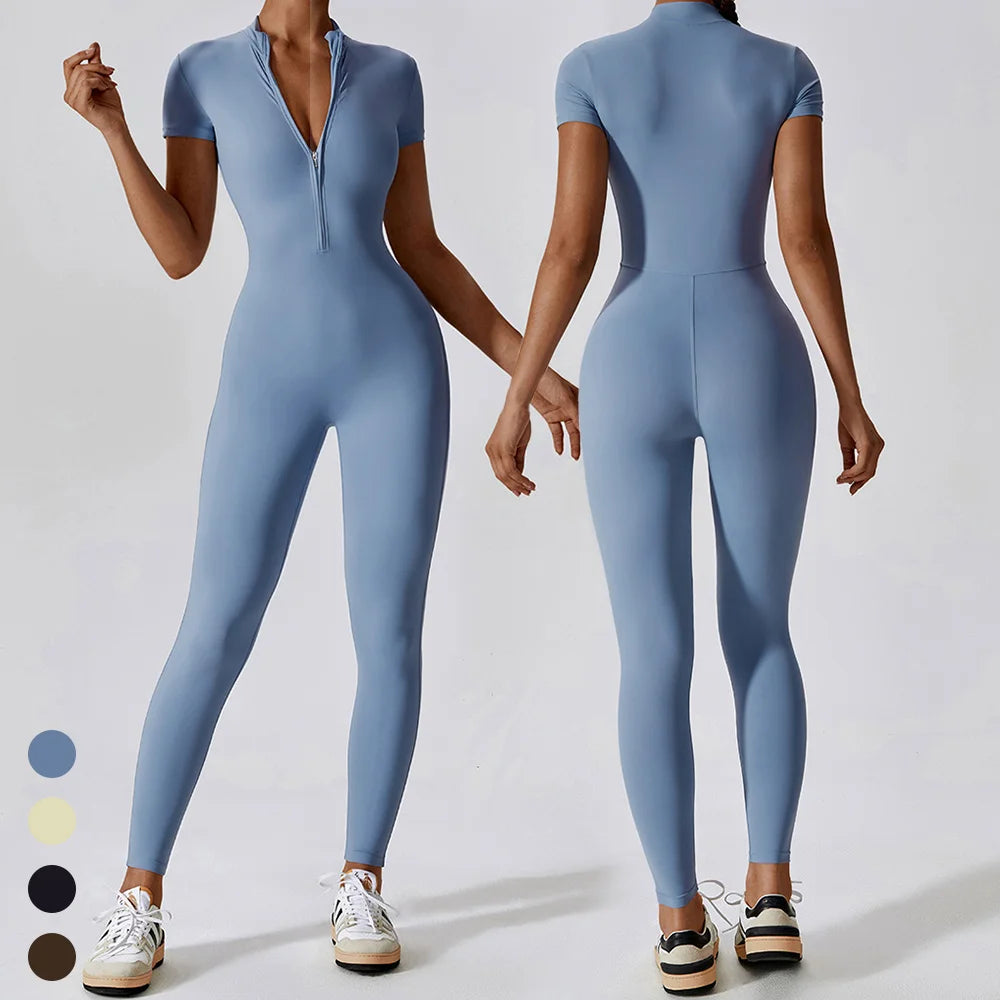 Custom Activewear Quick Dry Breathable Zipper Short Sleeve Leggings Jumpsuit Workout Rompers Jumpsuits Playsuits Bodysuits