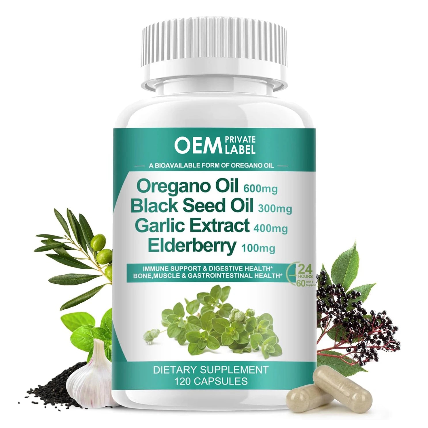OEM Oil of Oregano Capsules Oregano Oil Capsules with Black Seed Oil Garlic Elderberry Vitamin D3 & Magnesium Glycinate