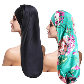 Wholesale Custom Logo Hair Accessories Pattern Print Satin 2 Pcs Set Bonnets Large Long Hair Braids Night Sleeping Hat for Women
