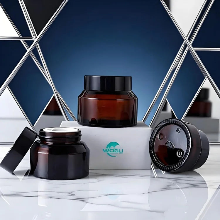 WOGU 15ml 30ml 50ml 100ml Slant Shoulder Lotion Serum Pump Spray Bottle Set Face Care Cosmetic Packaging Amber Glass Cream Jar