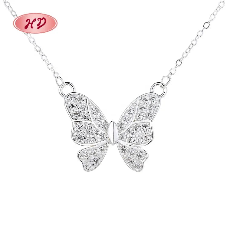 Women New Arrival Wholesale Jewelry Butterfly Cubic Zirconia Mens Sterling Silver Sparkling Necklace