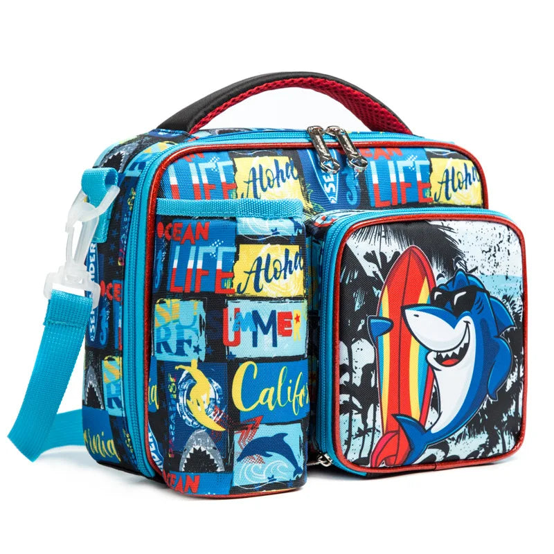 Large Waterproof Kids Lunch Box Reusable Insulated Oxford Cooler Bag Water Bottle Holder Cartoon Design Made Durable Polyester