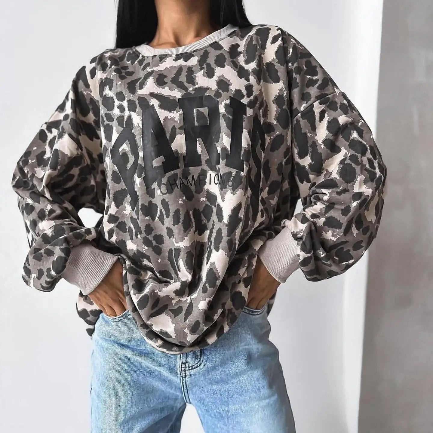 Hot Selling Leopard Print Solid Rib Hoodie Custom Color  Sweatshirt High Fleece Tracksuit Oversized Casual Autumn Wear