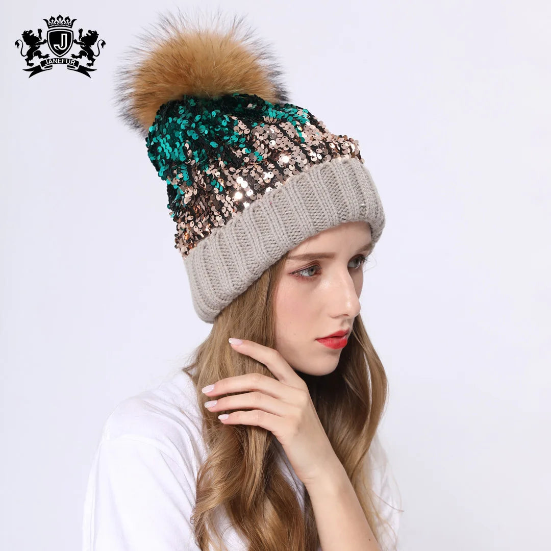 Wholesale New Fashion Style Glitter Winter Bling Slouch Knit Hat Personality Big Fluffy Raccoon Fur Pompom Sequin Beanie Hat