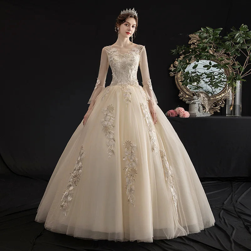 Luxury O Neck Lace Appliques Bridal Dress Long Sleeves Ball Gown Wedding Dresses MegaBDM