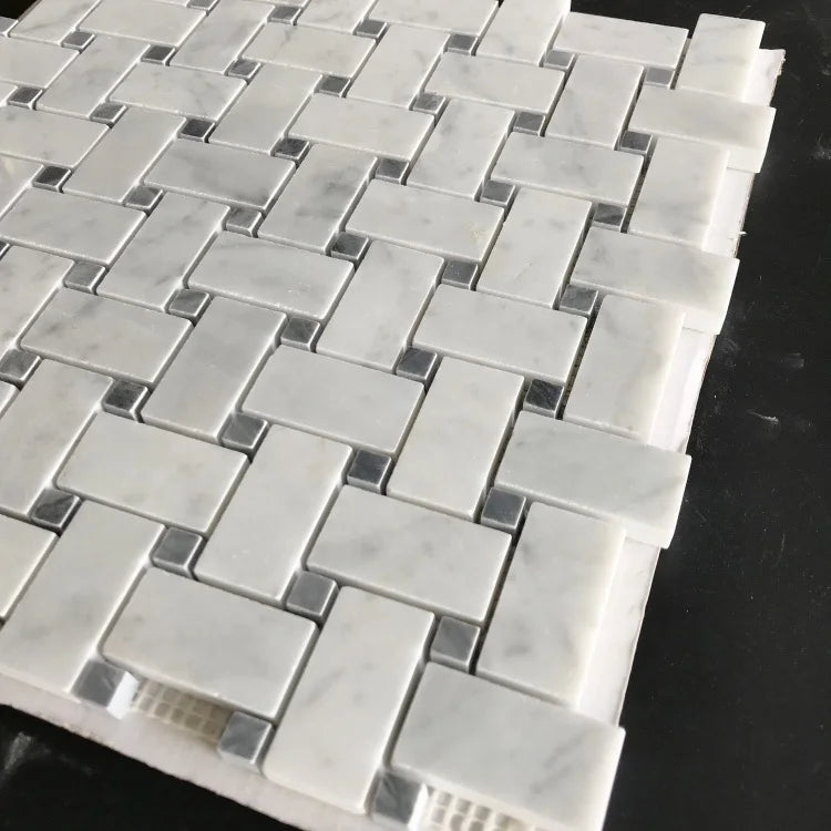 Carrara White Marble Mix Grey Dots Basketweave Mosaic Tiles Classic Bathroom Mosaic Tiles