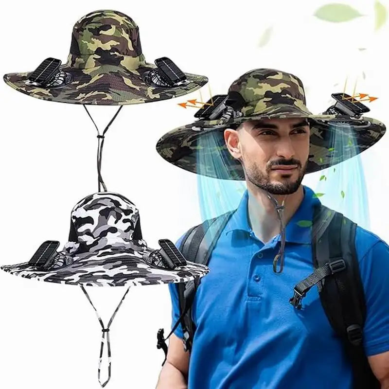 Camping Hiking Beach Camo Wide Brim Outdoor Sunscreen Hat Solar USB Charging Fan Fishing Bucket Hat for Men