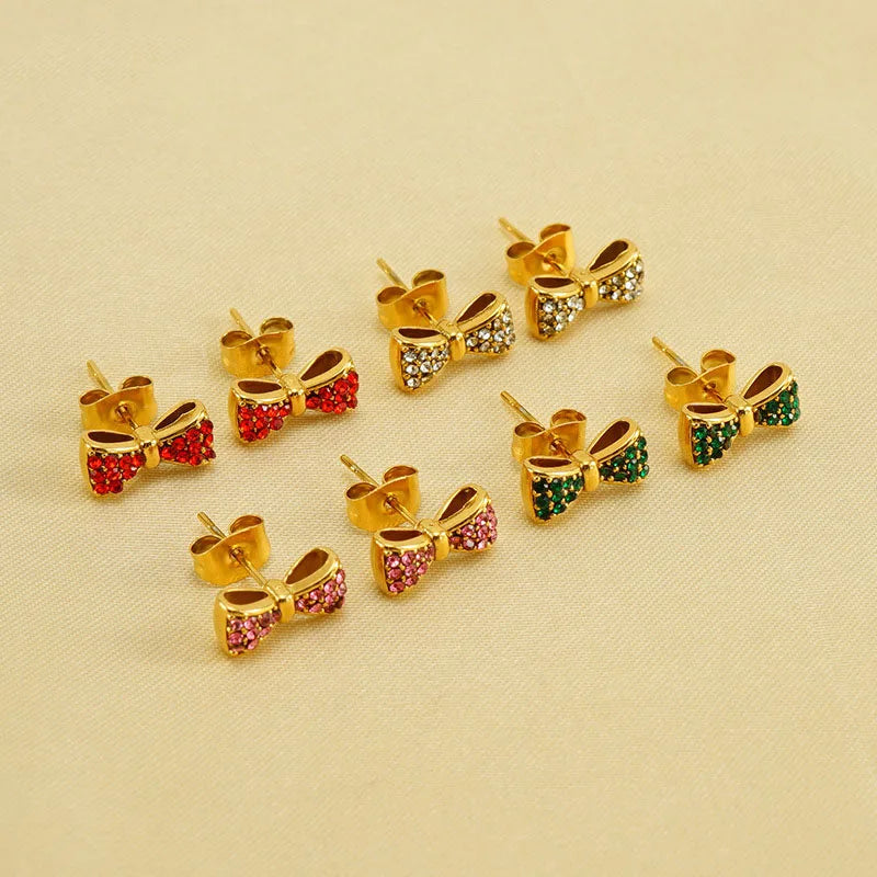 Cute Dainty New Design Stainless Steel 18K Gold Plated CZ Paved Tiny Bowknot Stud Earrings for Girls Fashion Jewelry