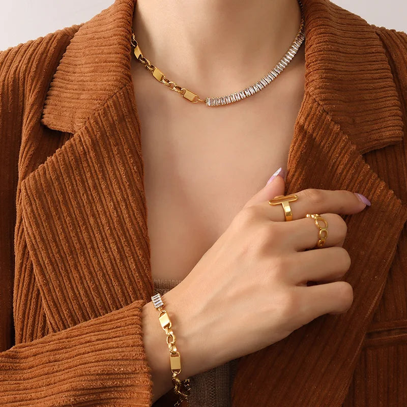 2022 Fashion New Stainless Steel 18K Gold Texture Light Luxury Zircon Stitching Necklace Bracelet Jewelry Set Spot Wholesale