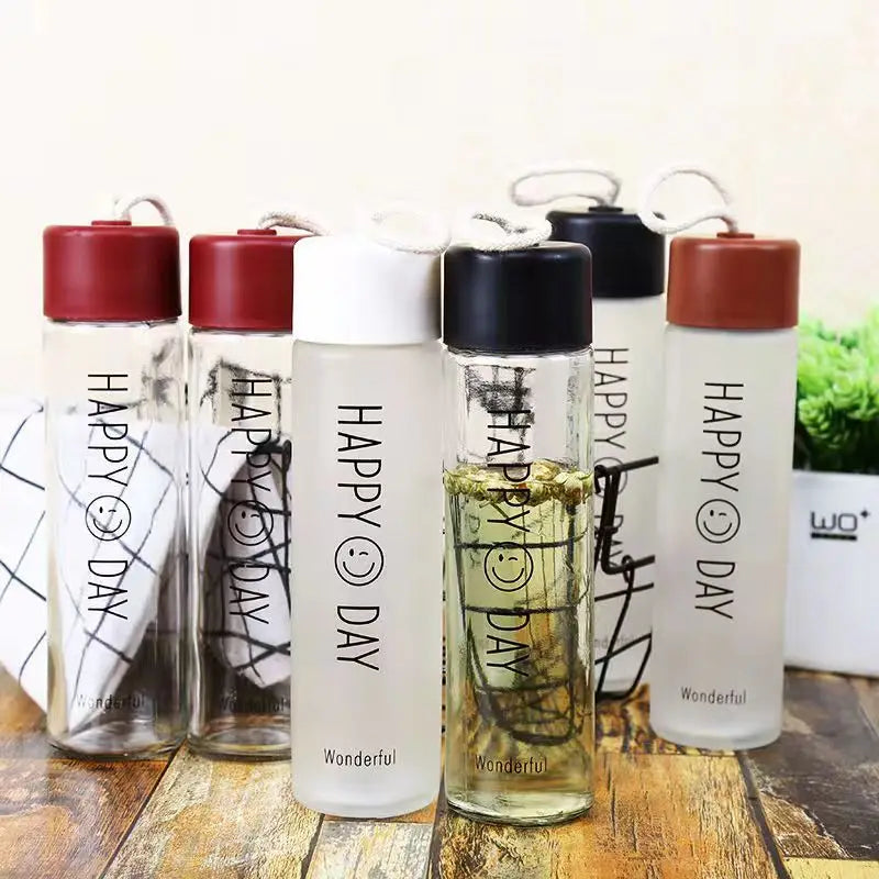 Environmentally Friendly Portable smiley Face Frosted Glass Water Bottle Glass Cup Drinking Bottle and Convenience Cup