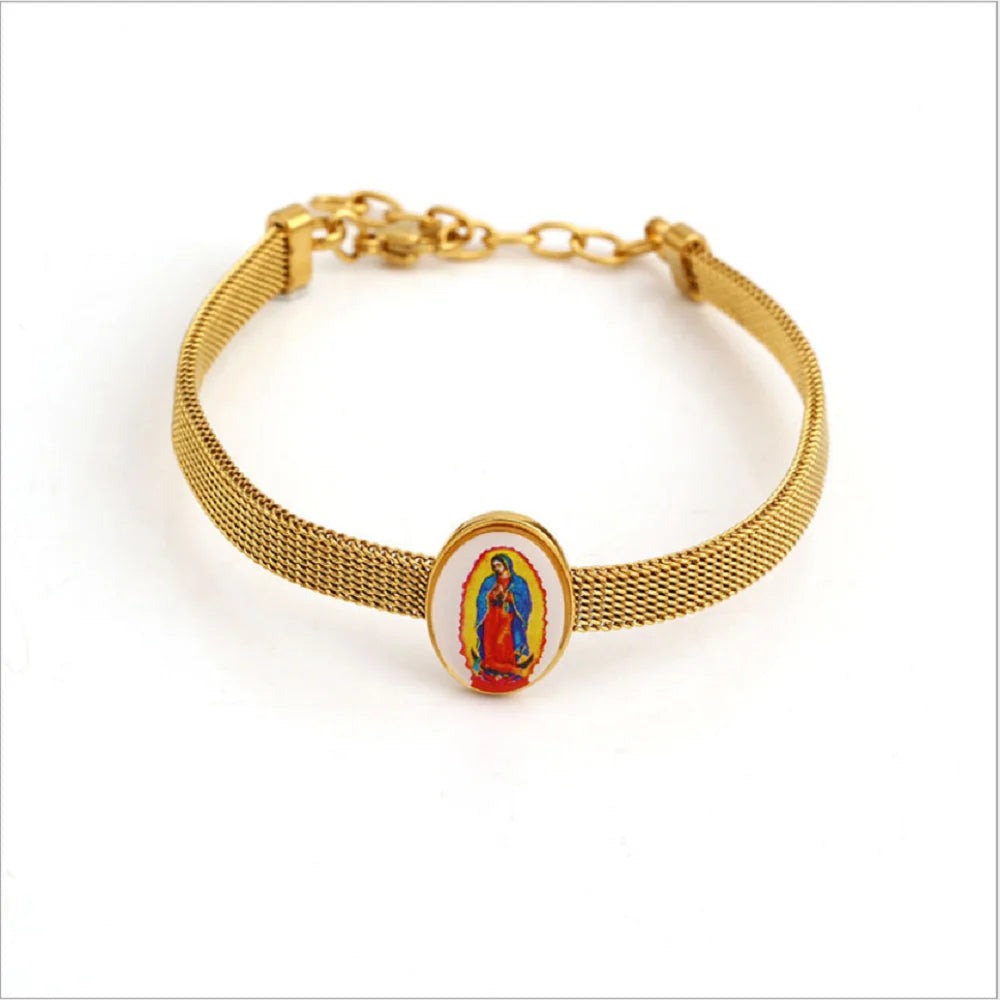 Fashion Stainless Steel 18k Religious Virgin Mary Mesh Watch Strap Bracelet Charm Gold Adjustable Bracelets Jewelry for Women
