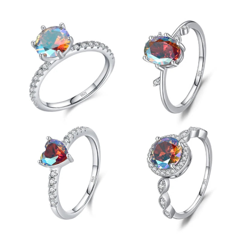 Adjustable 925 Sterling Silver Heart Shape Band Ring Colorful Oval Cut Cubic Zirconia Lightweight Rhodium Plated Engagement
